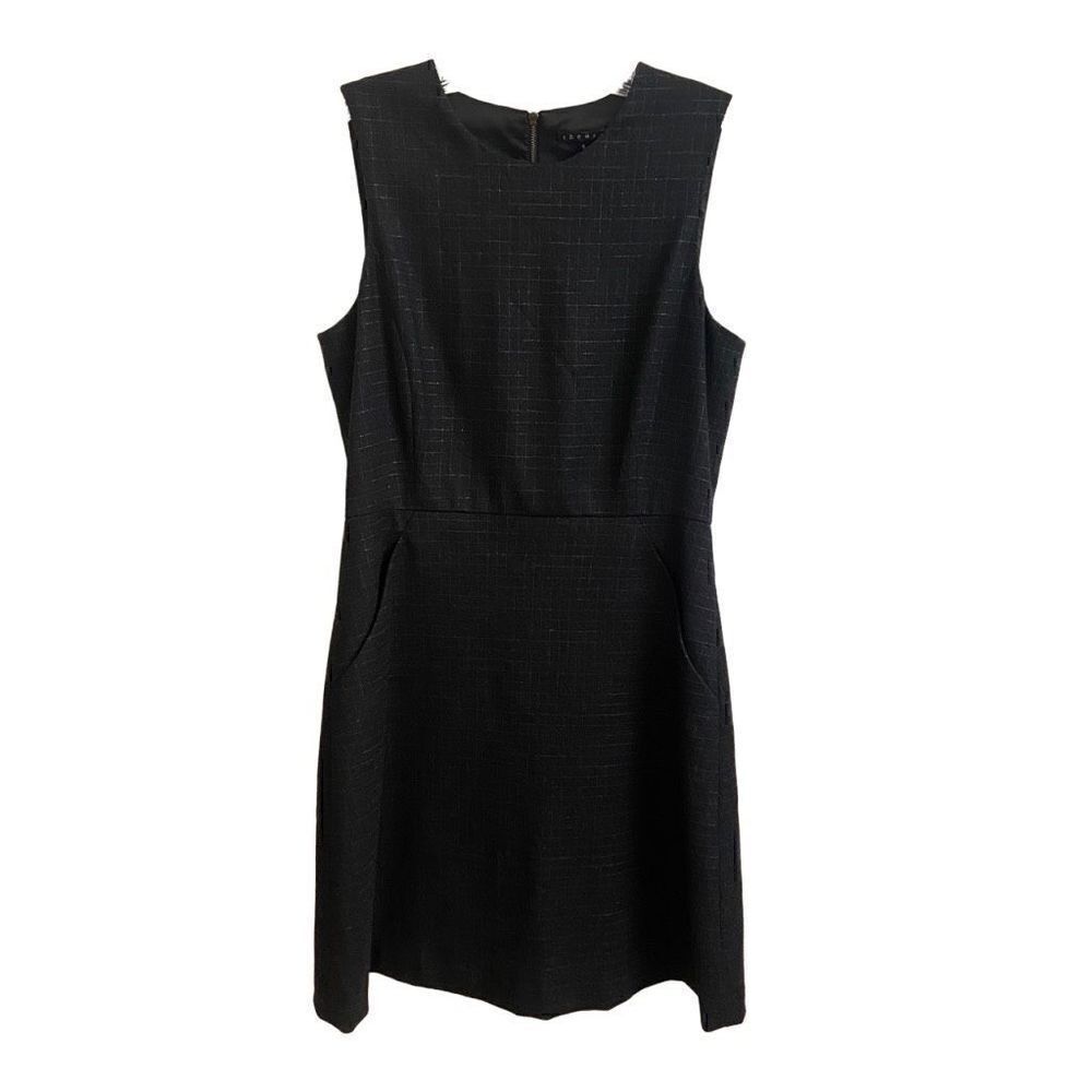 Theory Virgin Wool Sleeveless Sheath Dress Black Metallic Silver Window Pane 6